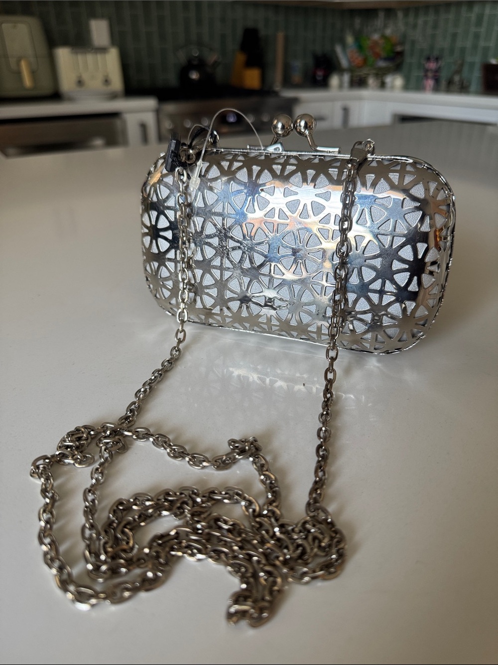 MMS Design Studio Silver Metal Metal Box Clutch with Shoulder Chain